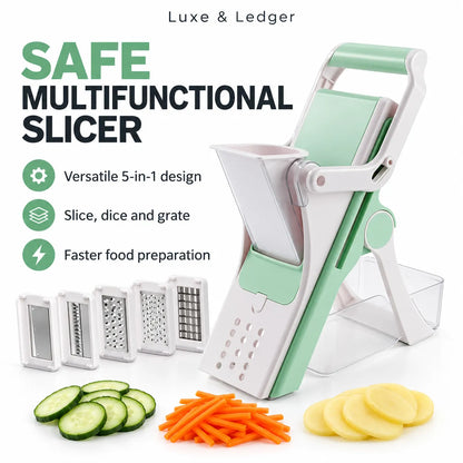 Luxe & Ledger safe multifunctional slicer shown on a white background with text callouts and food examples including sliced cucumbers, carrot sticks, and potato slices. The product is white with mint green accents and includes multiple interchangeable blade attachments.