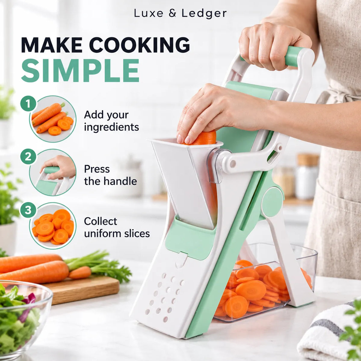 A manual vegetable slicer shown in use on a kitchen counter, with a person's hands pushing the handle. The slicer is white and mint green, slicing carrots into pieces.