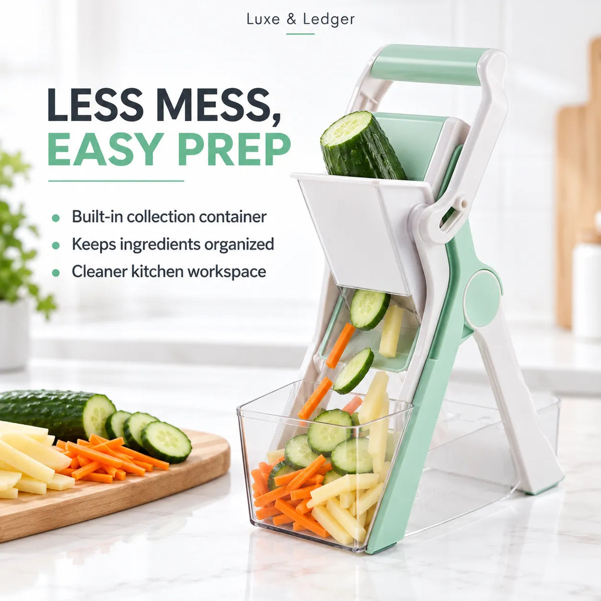 A mint green and white multi-functional vegetable slicer and chopper shown in a bright kitchen setting, with cucumber, potato, and carrot slices falling into a clear collection container. Text on the left highlights key features like a built-in collection container and organized ingredients.