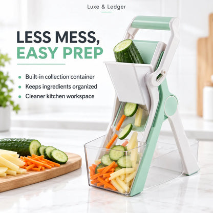 A mint green and white multi-functional vegetable slicer and chopper shown in a bright kitchen setting, with cucumber, potato, and carrot slices falling into a clear collection container. Text on the left highlights key features like a built-in collection container and organized ingredients.