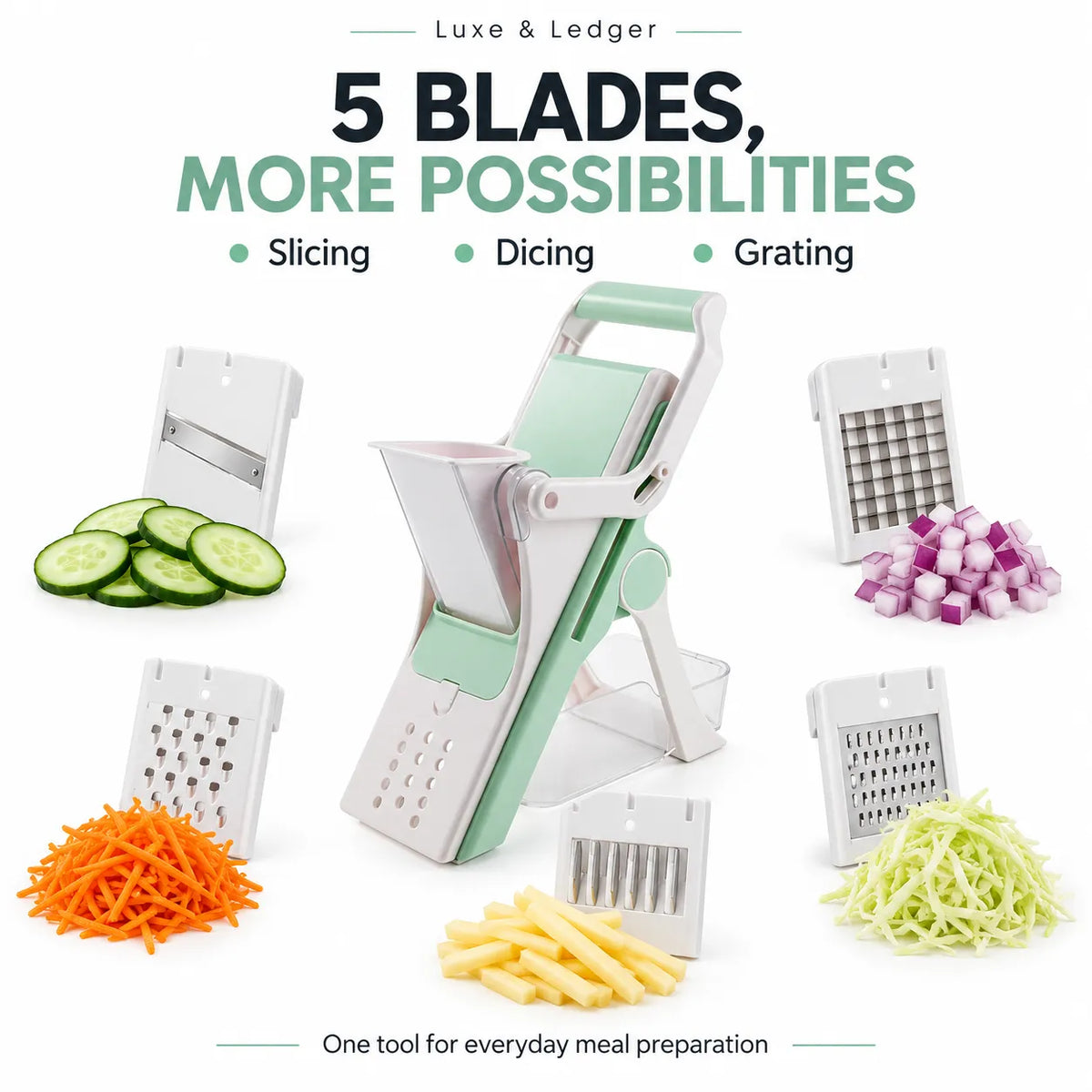 A multi-functional vegetable chopper and slicer shown with multiple interchangeable blades and food samples including sliced cucumbers, shredded carrots, shredded yellow vegetables, diced red onion, and french fries. Text at the top reads '5 BLADES, MORE POSSIBILITIES' and 'Luxe & Ledger'.