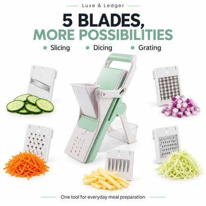 A multi-functional vegetable chopper and slicer shown with multiple interchangeable blades and food samples including sliced cucumbers, shredded carrots, shredded yellow vegetables, diced red onion, and french fries. Text at the top reads '5 BLADES, MORE POSSIBILITIES' and 'Luxe & Ledger'.