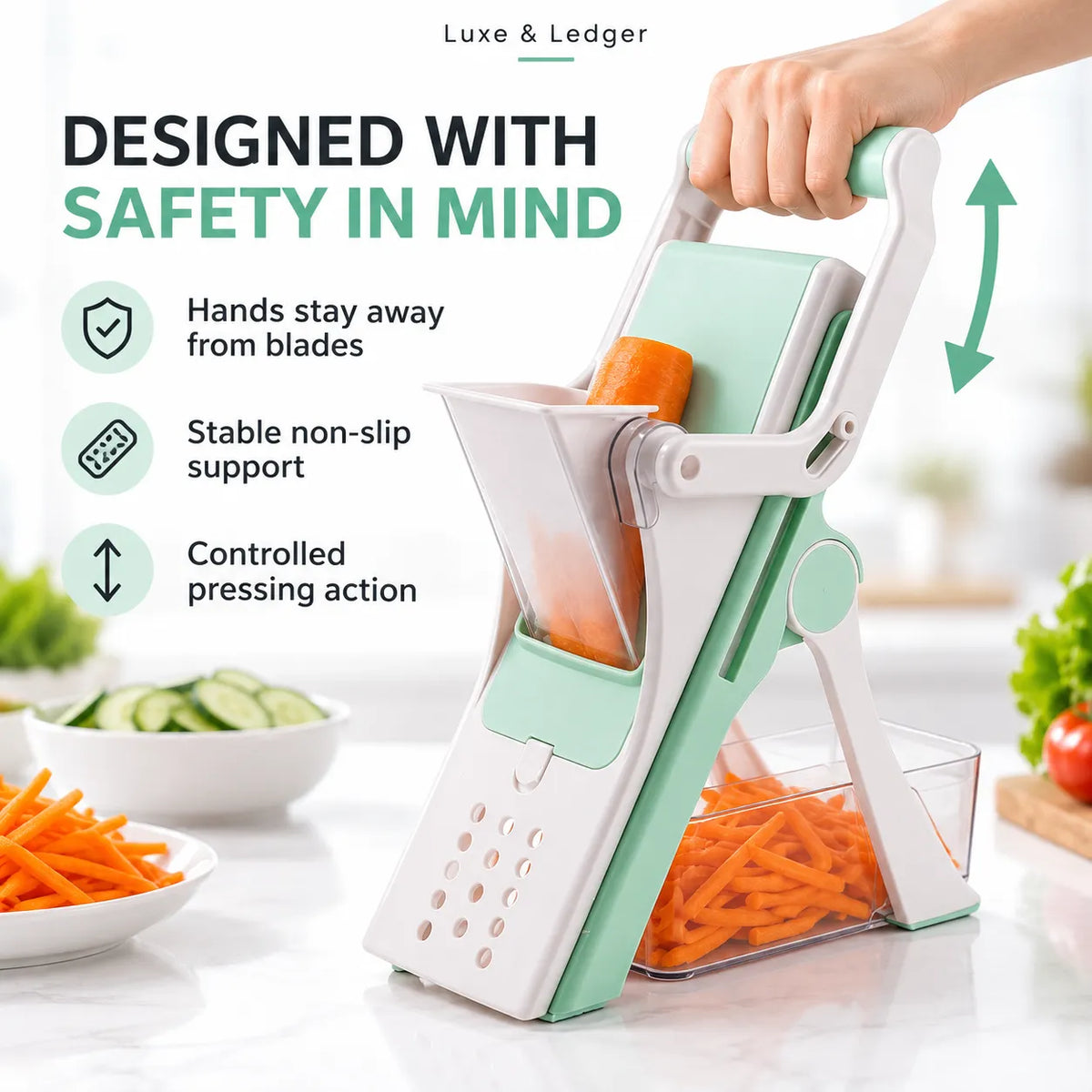 A hand uses a mint green and white manual vegetable slicer/mandoline on a carrot over a kitchen counter, with bowls of sliced carrots and cucumber nearby and marketing text on the left.