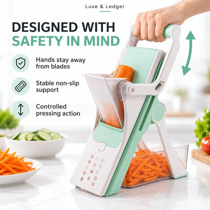 A hand uses a mint green and white manual vegetable slicer/mandoline on a carrot over a kitchen counter, with bowls of sliced carrots and cucumber nearby and marketing text on the left.