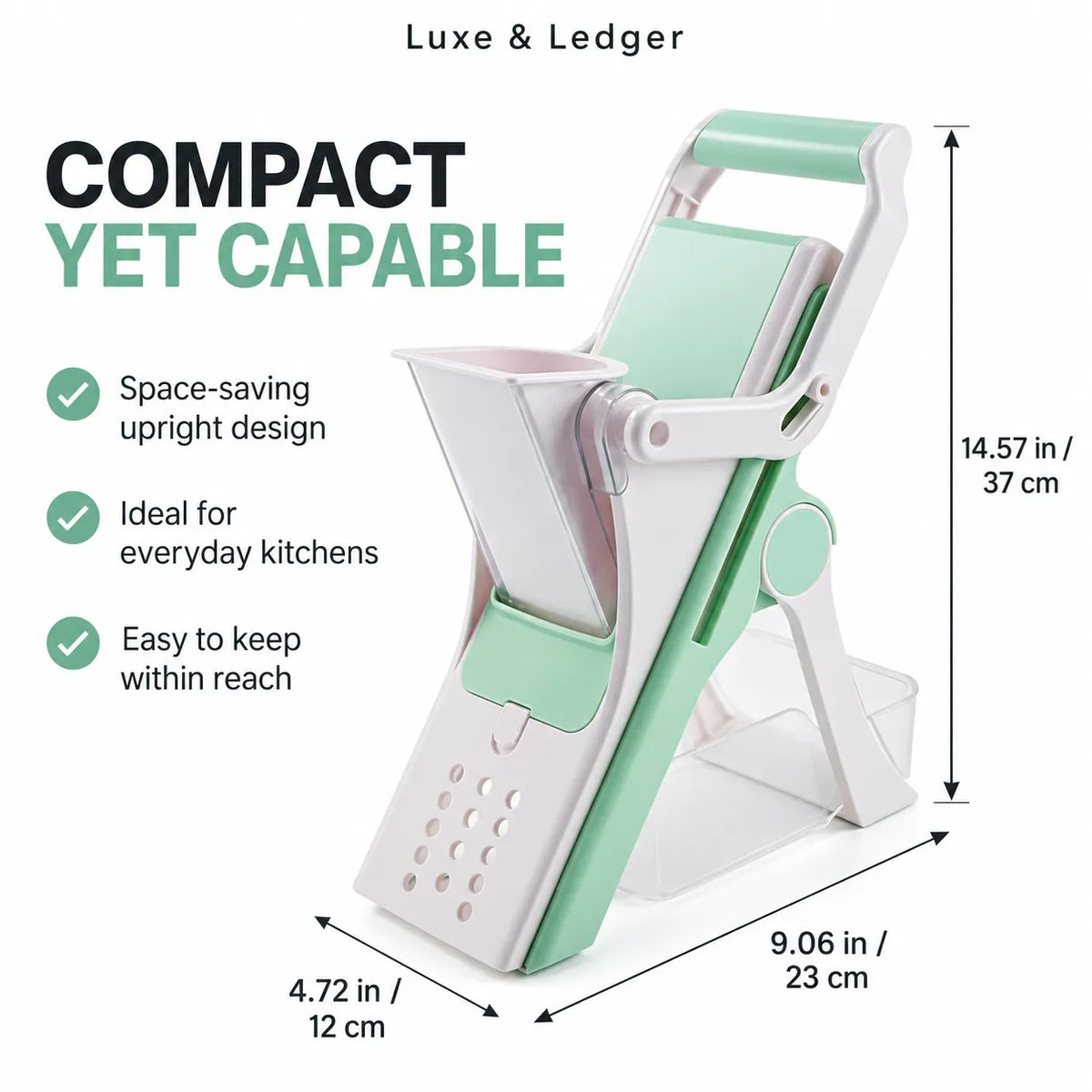 A compact kitchen food chopper or slicer shown on a white background with text and dimension arrows indicating height, width, and depth. The product is white with mint green panels and a clear plastic container base.