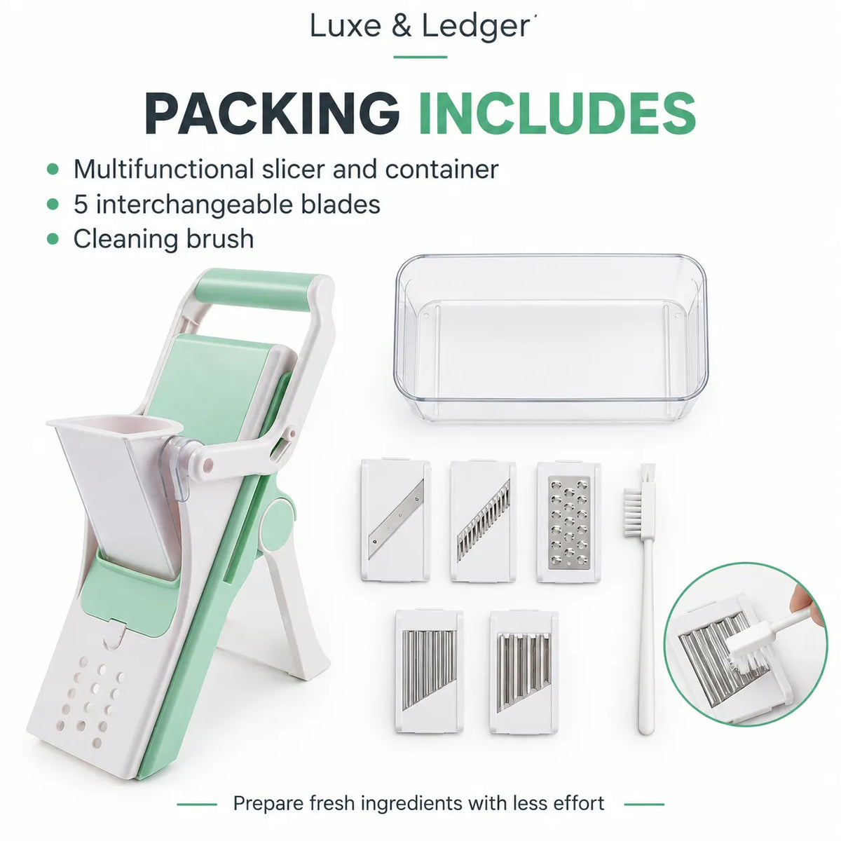 Luxe & Ledger mandoline slicer and vegetable chopper set shown with included accessories on a white background: the mint green and white slicer, clear storage container, five interchangeable blades, and a cleaning brush. Text at the top reads 'PACKING INCLUDES' and lists the included items.