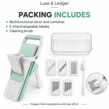 Luxe & Ledger mandoline slicer and vegetable chopper set shown with included accessories on a white background: the mint green and white slicer, clear storage container, five interchangeable blades, and a cleaning brush. Text at the top reads 'PACKING INCLUDES' and lists the included items.