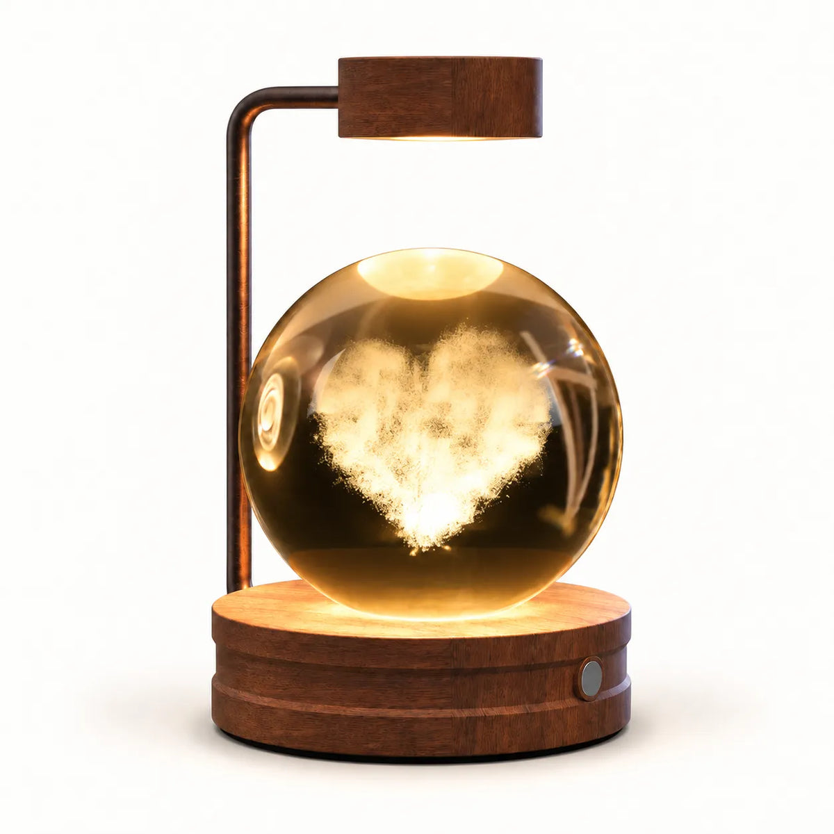 A modern magnetic levitation table lamp with a glowing heart-shaped cloud inside a clear glass sphere, set on a round wooden base with a matching wooden lamp arm, shown against a solid white background.