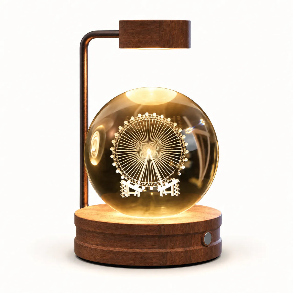A modern wooden table lamp with a circular glass globe containing an illuminated Ferris wheel design, mounted on a round wooden base with a matching adjustable lamp arm and wood shade, shown against a plain white background.