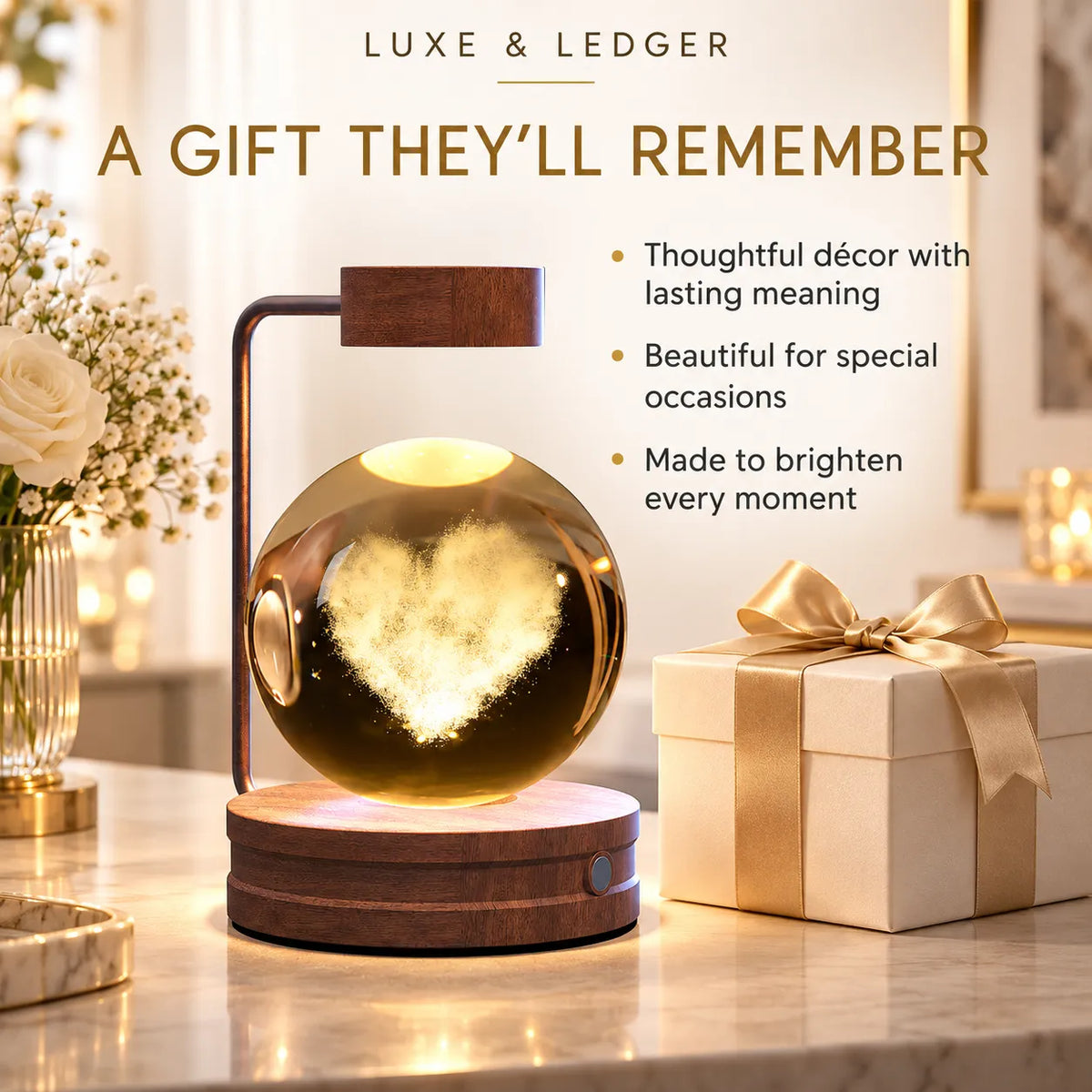 A Luxe & Ledger magnetic heart-shaped LED night light glowing with a warm golden light inside, set on a wooden base on a marble countertop next to a gift box, with promotional text overlay.