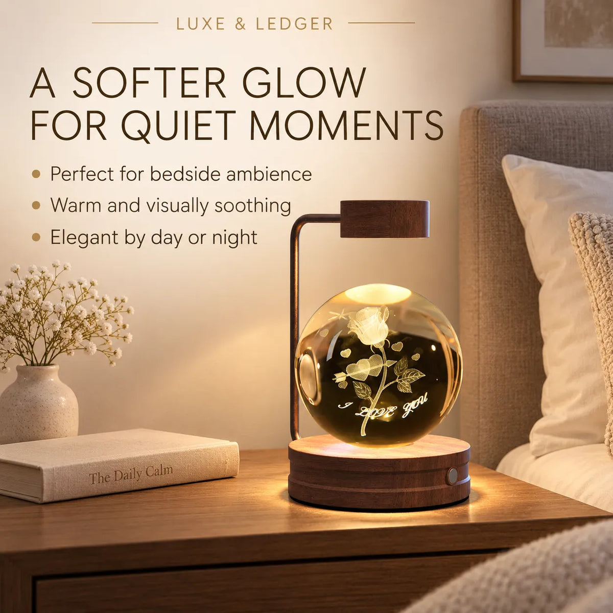 A bedside table lamp with a glowing round glass orb containing a white rose illustration and the words 'I love you,' set on a wooden nightstand in a softly lit bedroom. Text on the image reads 'A SOFTER GLOW FOR QUIET MOMENTS' with descriptive bullet points.