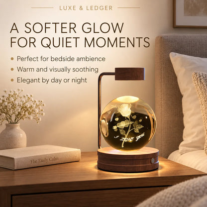 A bedside table lamp with a glowing round glass orb containing a white rose illustration and the words 'I love you,' set on a wooden nightstand in a softly lit bedroom. Text on the image reads 'A SOFTER GLOW FOR QUIET MOMENTS' with descriptive bullet points.