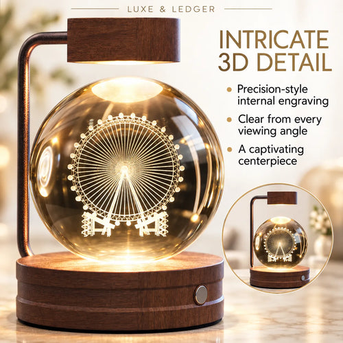 A Luxe & Ledger LED light-up crystal ball table lamp featuring an engraved Ferris wheel design inside a clear glass sphere, mounted on a round wooden base with a curved wooden arm. The image includes marketing text and a circular inset showing the lamp in a softly blurred indoor setting.