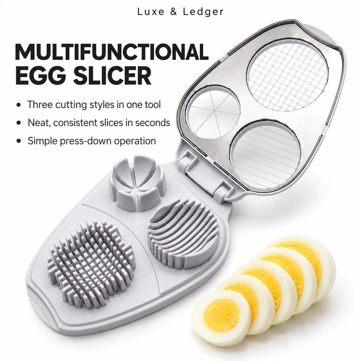 A Luxe & Ledger multifunctional egg slicer and scrubber tool shown open on a white background, with several sliced hard-boiled eggs placed beside it. The product is gray and silver with printed text describing its three cutting styles and simple press-down operation.