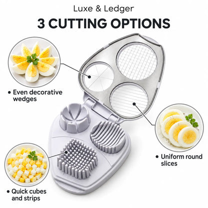 An egg slicer and cuber tool shown open on a white background, with text reading 'Luxe & Ledger' and '3 CUTTING OPTIONS.' Circles showing sliced eggs and cutting results are connected by lines to the tool's different slots and textured cube-pressing surface.