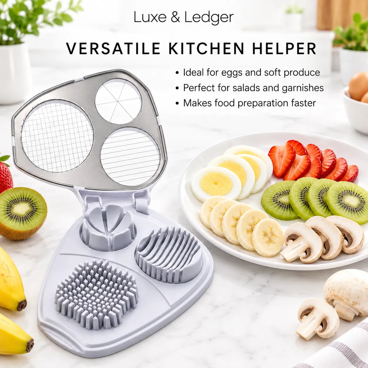 A gray plastic kitchen utensil set displayed on a white marble surface, with an open multi-compartment cutting/slicing tool and a plate of sliced eggs, kiwi, strawberries, and mushrooms. Text at the top reads 'Luxe & Ledger' and 'VERSATILE KITCHEN HELPER' with feature bullet points.