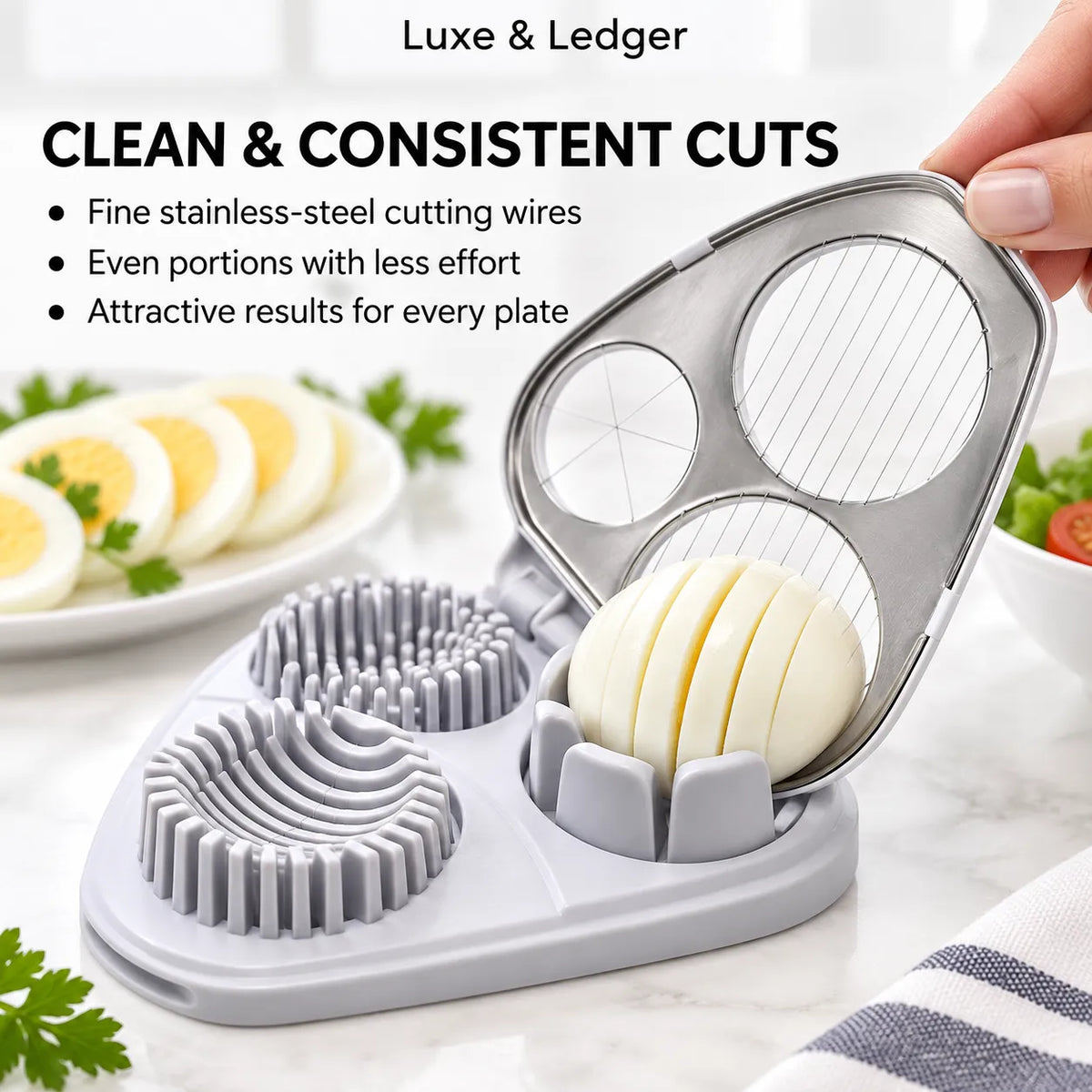 A stainless steel and gray egg slicer shown in use on a white marble surface, with a hand holding the open lid. Sliced eggs and garnish are visible in the background, along with marketing text reading 'Luxe & Ledger' and 'CLEAN & CONSISTENT CUTS'.