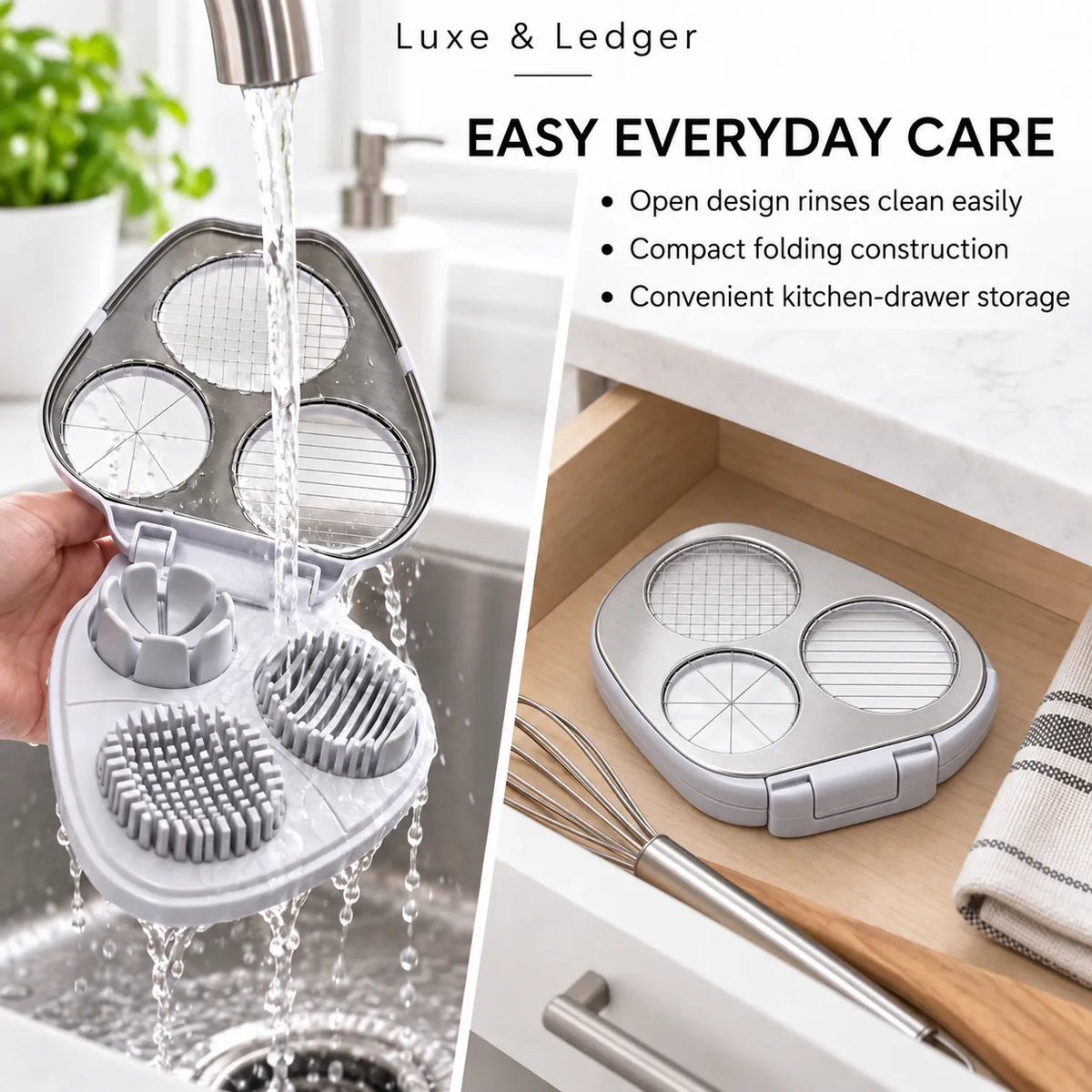 A kitchen cleaning brush holder and brush set shown in a real kitchen setting, with water running over the open holder in a sink and the holder stored inside a wooden drawer. Text on the image reads 'Luxe & Ledger' and 'EASY EVERYDAY CARE' with feature bullet points.