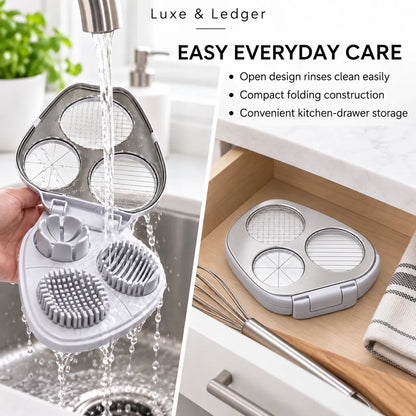 A kitchen cleaning brush holder and brush set shown in a real kitchen setting, with water running over the open holder in a sink and the holder stored inside a wooden drawer. Text on the image reads 'Luxe & Ledger' and 'EASY EVERYDAY CARE' with feature bullet points.