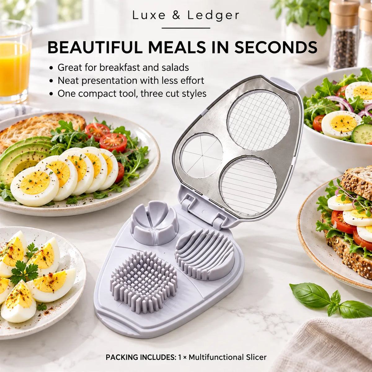 A compact multifunctional food slicer and grater tool shown open in the center, with three circular cutting sections visible. The product is light gray with a metallic silver interior, photographed on a styled breakfast table surrounded by plates of eggs, toast, salad, and sandwich.