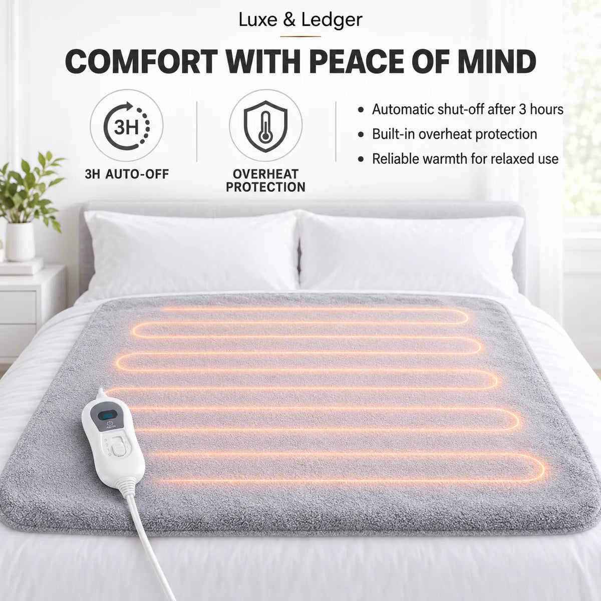 A gray heated blanket with orange glowing heating elements and a white remote control, shown on a bed in a bright bedroom. Text at the top reads 'Luxe & Ledger' and 'COMFORT WITH PEACE OF MIND' with feature icons for 3H auto-off, overheat protection, and reliable warmth.