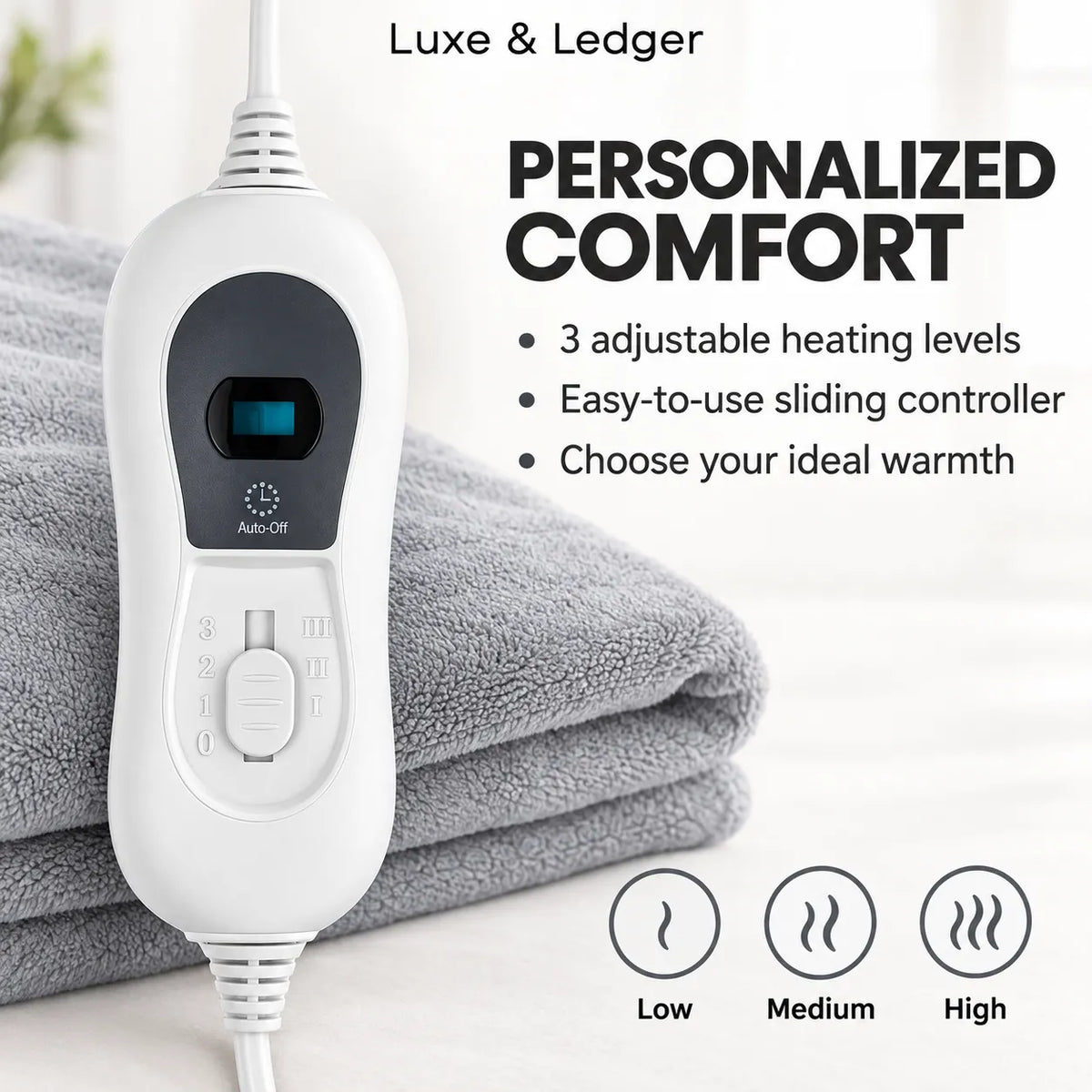 White Luxe & Ledger heated pad controller shown next to a folded gray towel, with text highlighting personalized comfort features and three heat level icons.