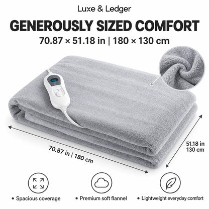 A folded light gray electric blanket with a white wired controller, shown on a white background with size measurements (70.87 x 51.