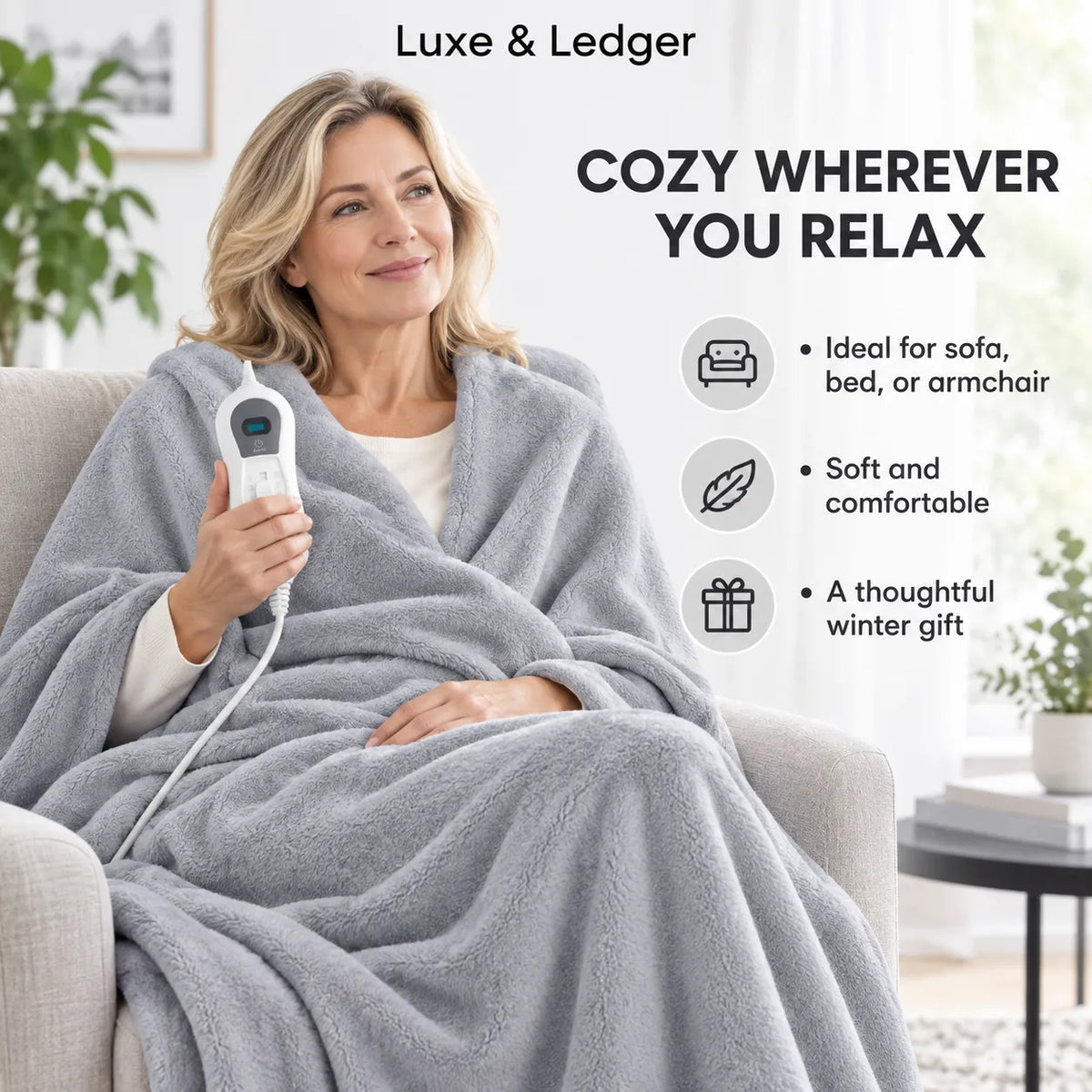 A woman sits on a light gray sofa wrapped in a plush gray electric blanket, holding a white remote control. The scene is set in a bright, modern living room with text overlays reading 'Luxe & Ledger' and 'COZY WHEREVER YOU RELAX,' along with feature icons for comfort, coziness, and gift value.