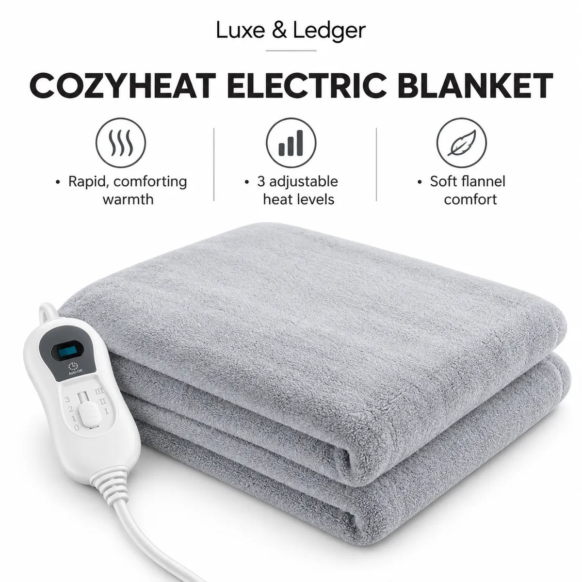 A light gray Luxe & Ledger Cozyheat electric blanket folded neatly, shown with its white wired controller on a clean white background. Above the product, text highlights key features: rapid comforting warmth, three adjustable heat levels, and soft flannel comfort.