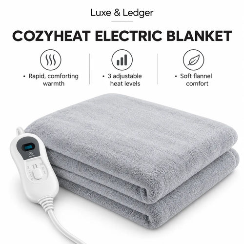 A light gray Luxe & Ledger Cozyheat electric blanket folded neatly, shown with its white wired controller on a clean white background. Above the product, text highlights key features: rapid comforting warmth, three adjustable heat levels, and soft flannel comfort.