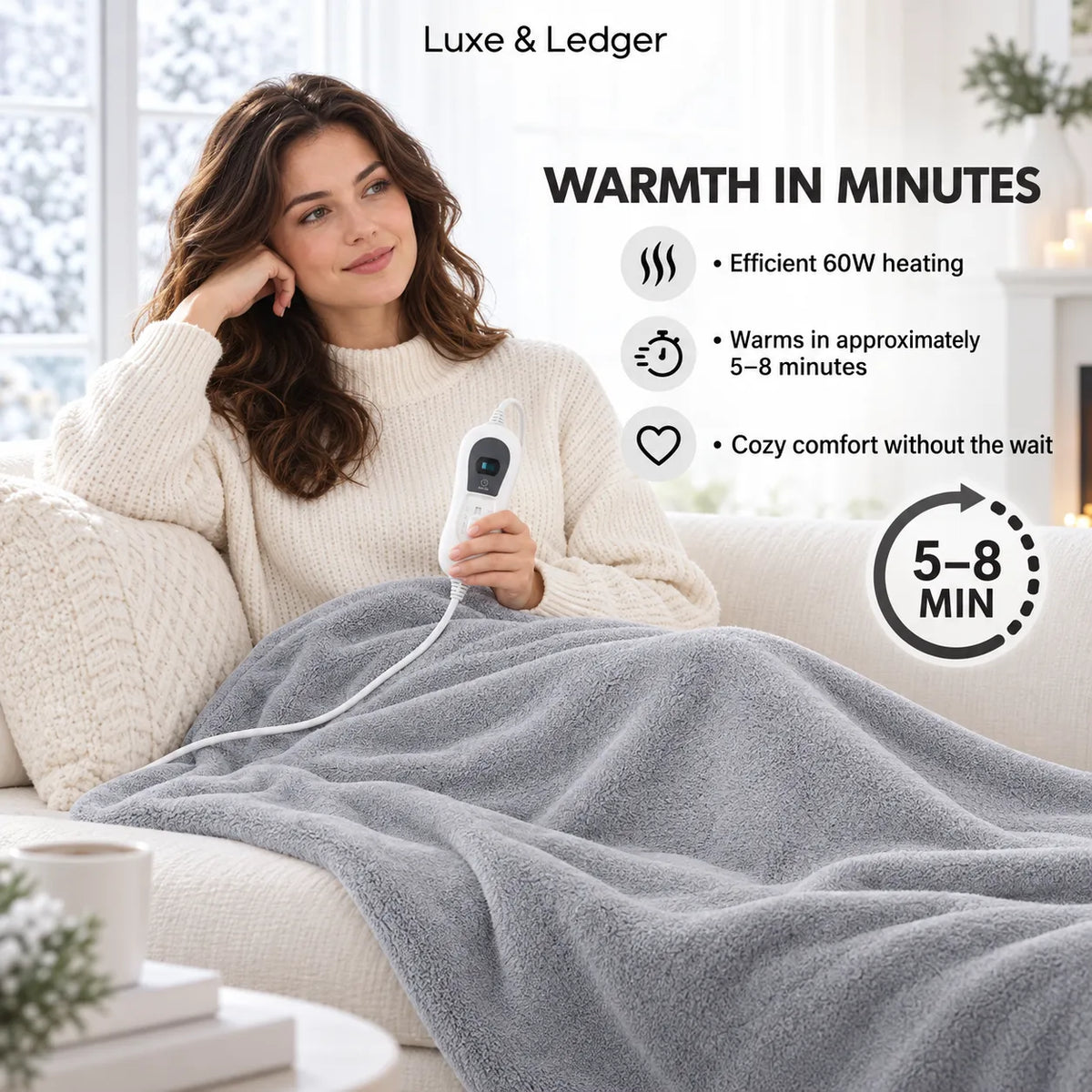 A woman sits on a cream sofa in a bright living room, wrapped in a gray fleece electric blanket while holding a white remote. Text on the image reads 'Luxe & Ledger' and lists product features like efficient 60W heating and 5-8 minute warm time.