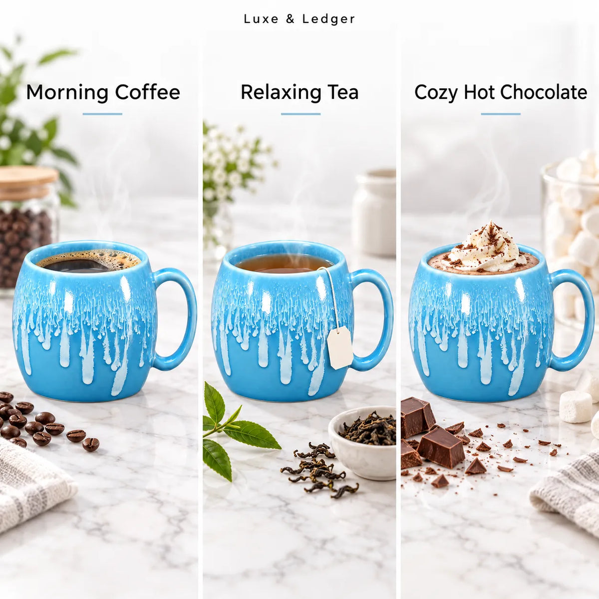 Three ceramic mugs in a bright blue color with a white dripping pattern, shown with coffee, tea, and hot chocolate on a marble surface. The image is divided into three panels labeled 'Morning Coffee', 'Relaxing Tea', and 'Cozy Hot Chocolate', with 'Luxe & Ledger' at the top.