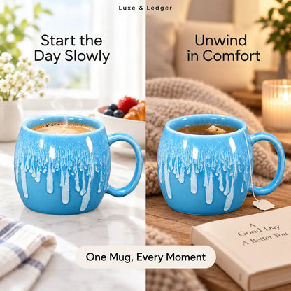 A split lifestyle advertisement showing a bright blue ceramic mug with white dripping glaze in two cozy settings: on a white marble surface with coffee on the left, and on a wooden table with tea and a book on the right. Text overlays read 'Start the Day Slowly', 'Unwind in Comfort', and 'One Mug, Every Moment'.
