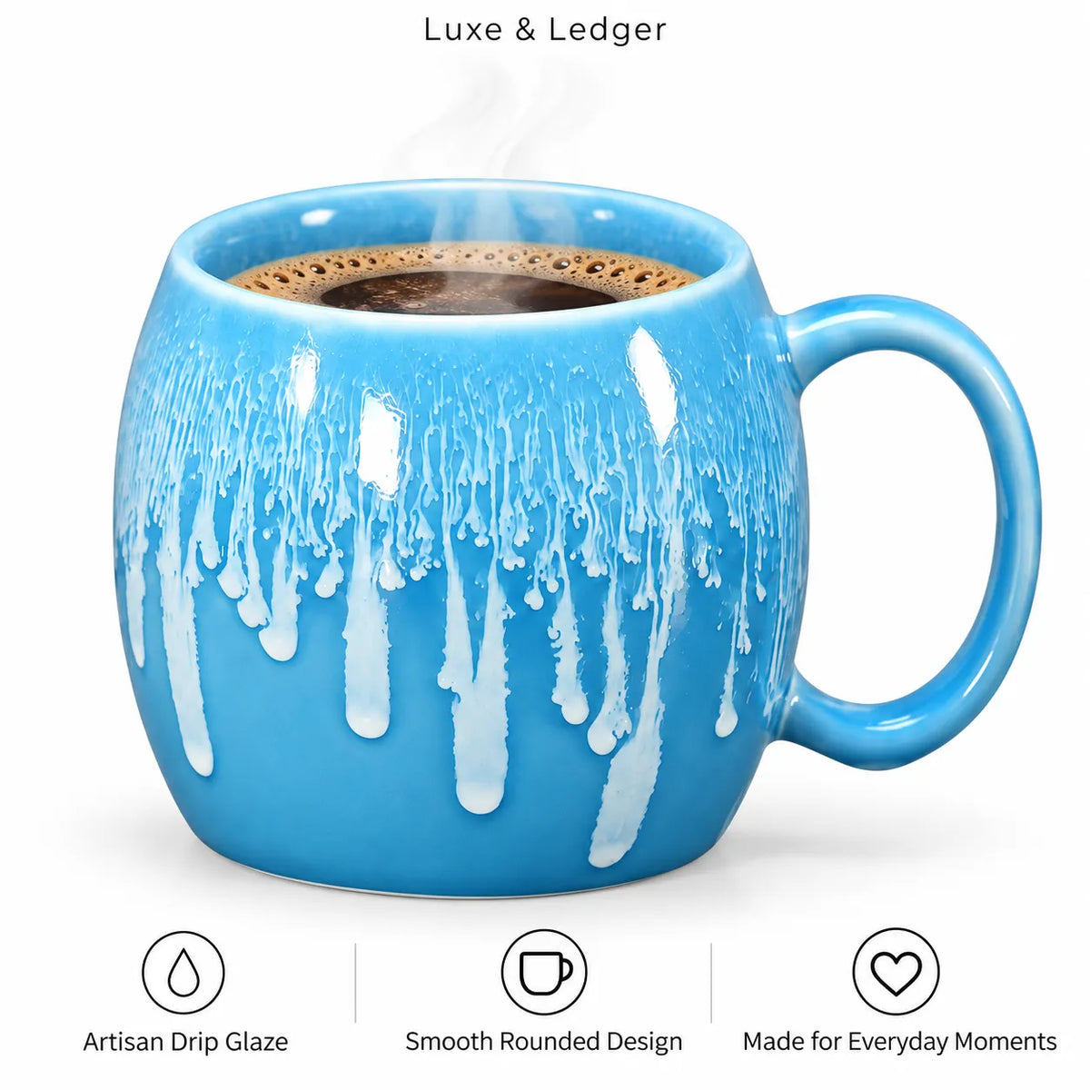 A bright blue ceramic coffee mug with a white dripping glaze design, filled with coffee and shown on a white background with feature icons and the text 'Luxe & Ledger'.