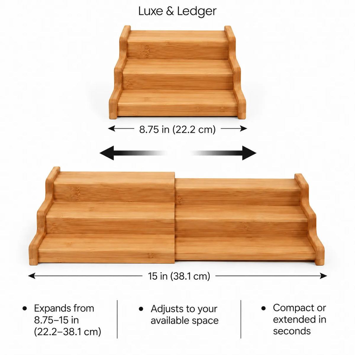 Bamboo pet stairs shown on a white background with dimension labels and bullet points. The top smaller view is labeled 'Luxe & Ledger' with a width of 8.