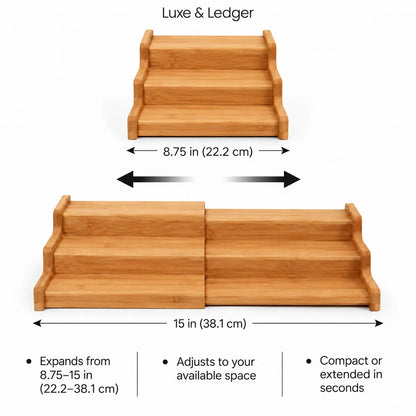 Bamboo pet stairs shown on a white background with dimension labels and bullet points. The top smaller view is labeled 'Luxe & Ledger' with a width of 8.