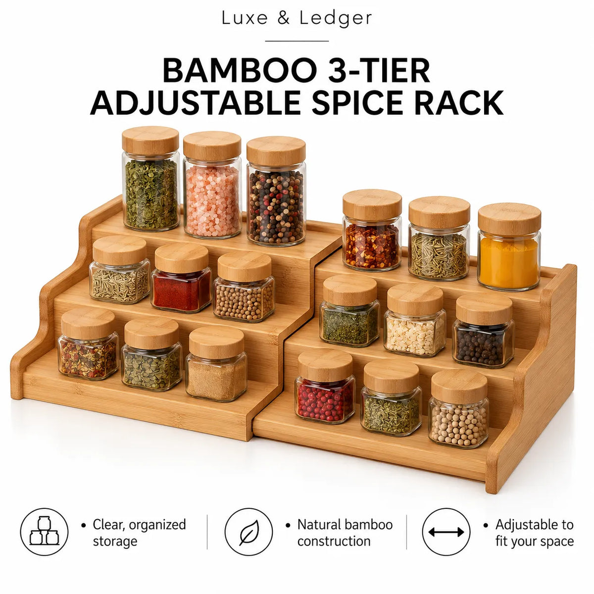 Bamboo 3-tier adjustable spice rack with clear glass jars and bamboo lids, shown holding assorted spices on a white background with product text and feature icons.