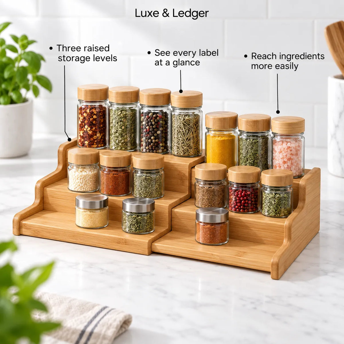 A bamboo spice rack organizer holding multiple clear glass spice jars with wooden lids, shown on a white marble countertop with kitchen props and text callouts describing storage levels and label visibility.