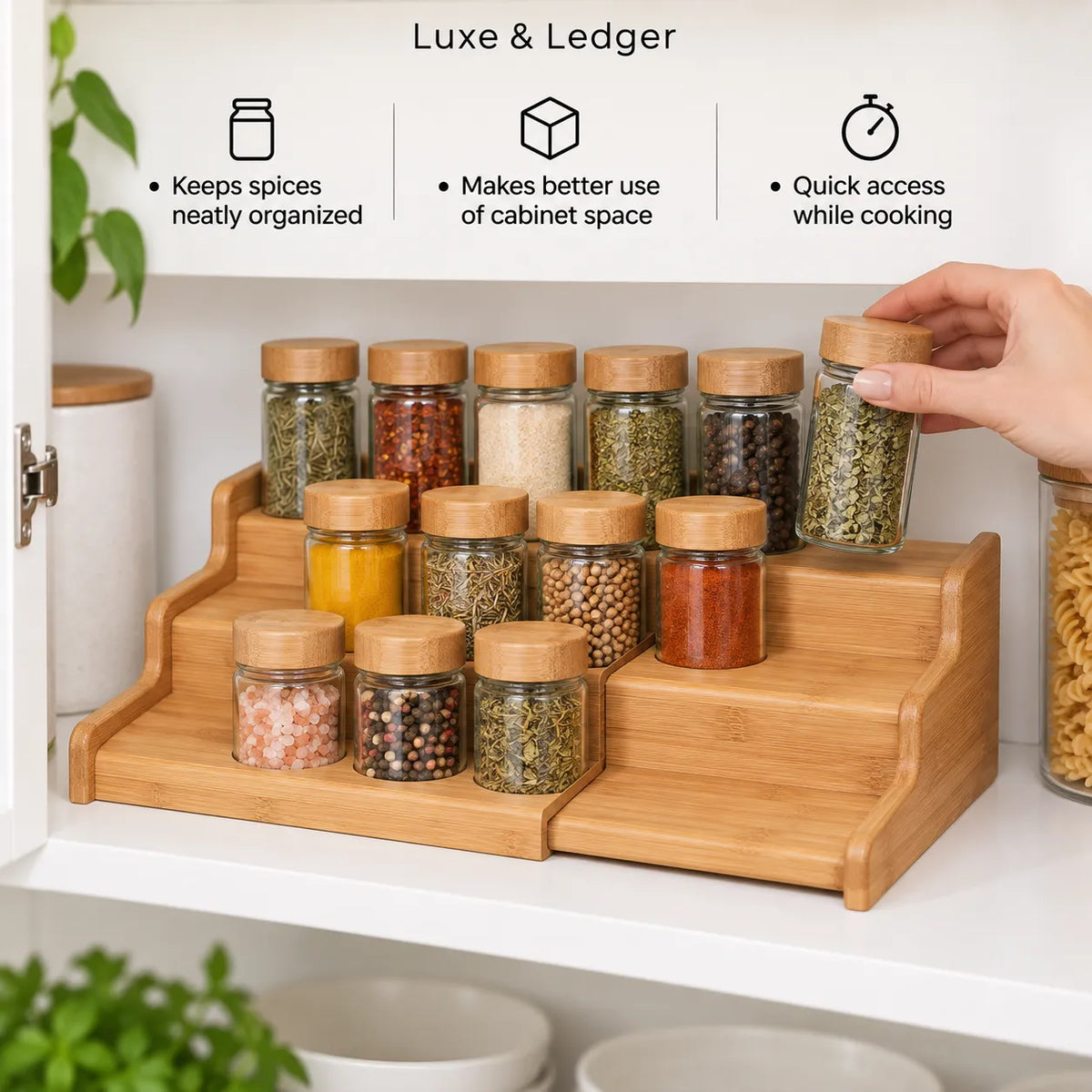 A bamboo spice rack organizer holding multiple clear glass spice jars with wooden lids, shown inside a white kitchen cabinet. A hand is holding one jar, and marketing text at the top reads 'Luxe & Ledger' with feature callouts.