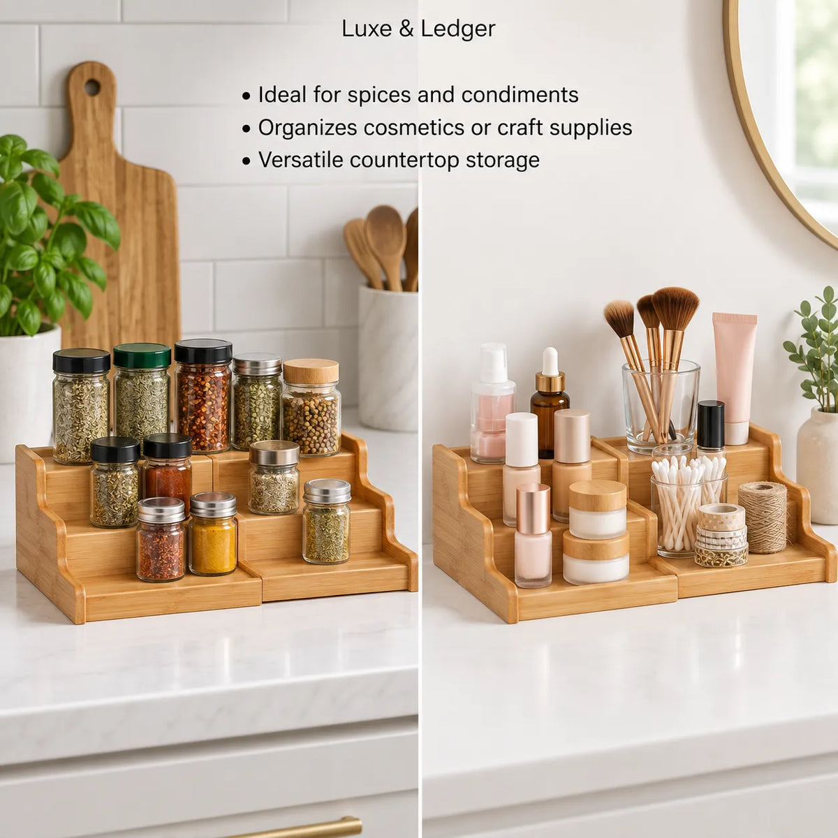 A bamboo two-tier countertop organizer shown in a bright kitchen setting, holding spice jars on the left and cosmetics/craft supplies on the right. Text at the top reads 'Luxe & Ledger' with bullet points about use for spices, cosmetics, and craft supplies.