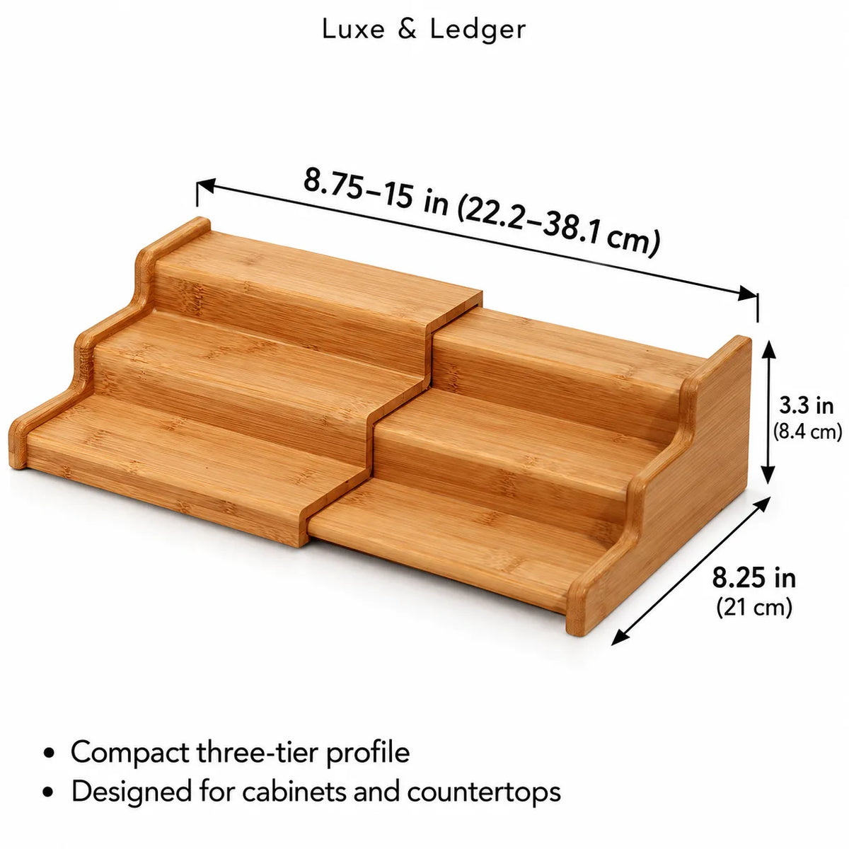 Three-tier bamboo cabinet organizer shown with dimension arrows and labels reading 8.75-15 in, 3.