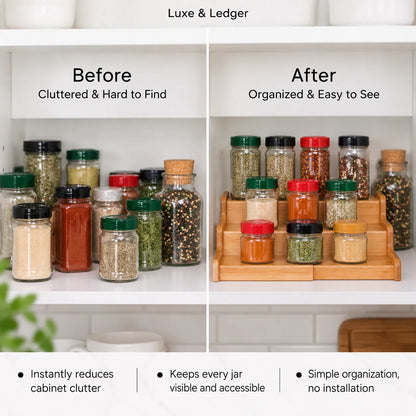 A split before-and-after comparison showing spice jars organized on a white kitchen shelf. The left side, labeled 'Before,' shows a cluttered arrangement of jars with mixed spices.