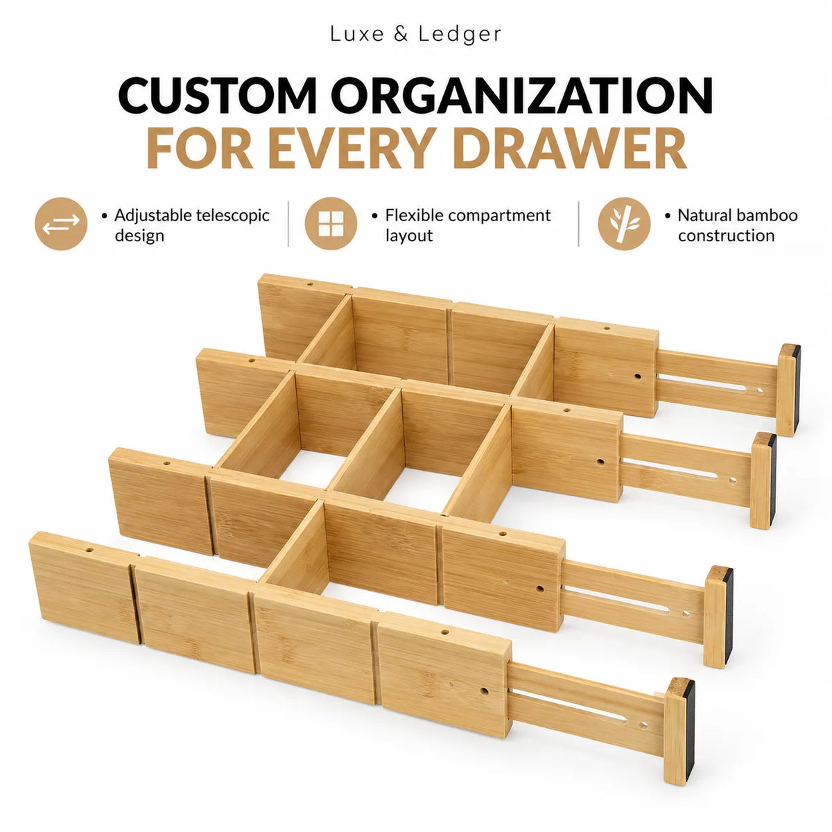 Bamboo drawer organizer system with adjustable telescoping compartments and pull-out drawer sections, shown on a white background with marketing text and feature icons.