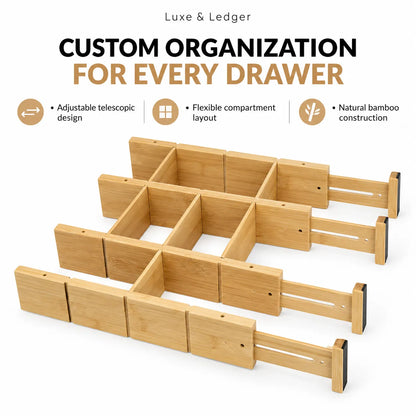 Bamboo drawer organizer system with adjustable telescoping compartments and pull-out drawer sections, shown on a white background with marketing text and feature icons.