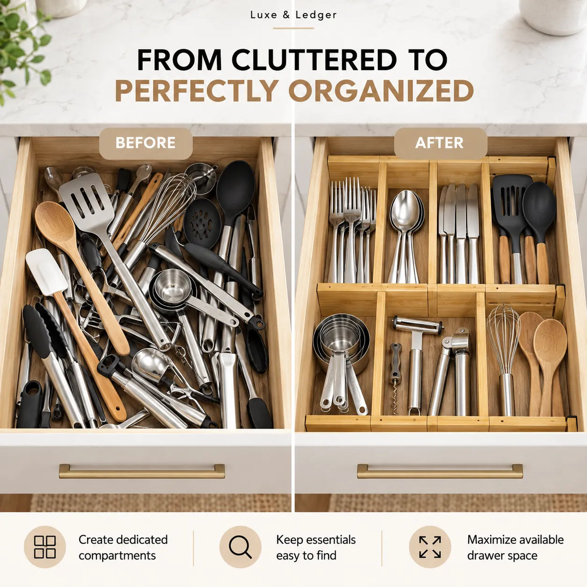 A before-and-after organizer comparison for a kitchen utensil drawer. The left side shows a cluttered drawer filled with mixed utensils, and the right side shows the same drawer organized into compartments with the same utensils arranged neatly.