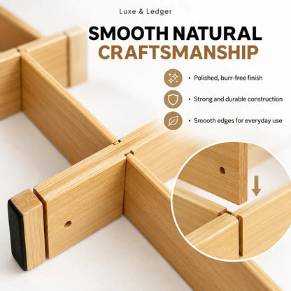 Close-up of a bamboo furniture leg frame with a black rubber pad on a white background, featuring marketing text and a circular detail inset highlighting the smooth natural finish and joint construction.