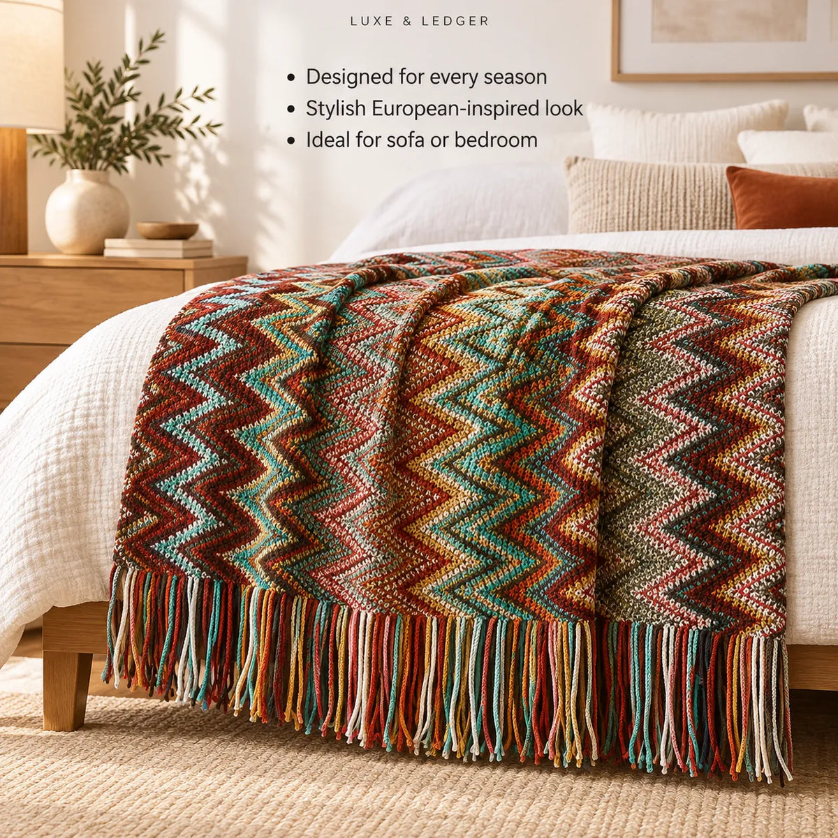 A multicolor chevron knit throw blanket with fringe is draped over a bed in a warm, styled bedroom. The blanket features zigzag stripes in rust red, teal, mustard, cream, and brown.