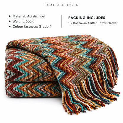 A folded multicolor chevron-patterned throw blanket with fringe, shown on a white background with text listing material, weight, color fastness, and packing details for a Luxe & Ledger product.