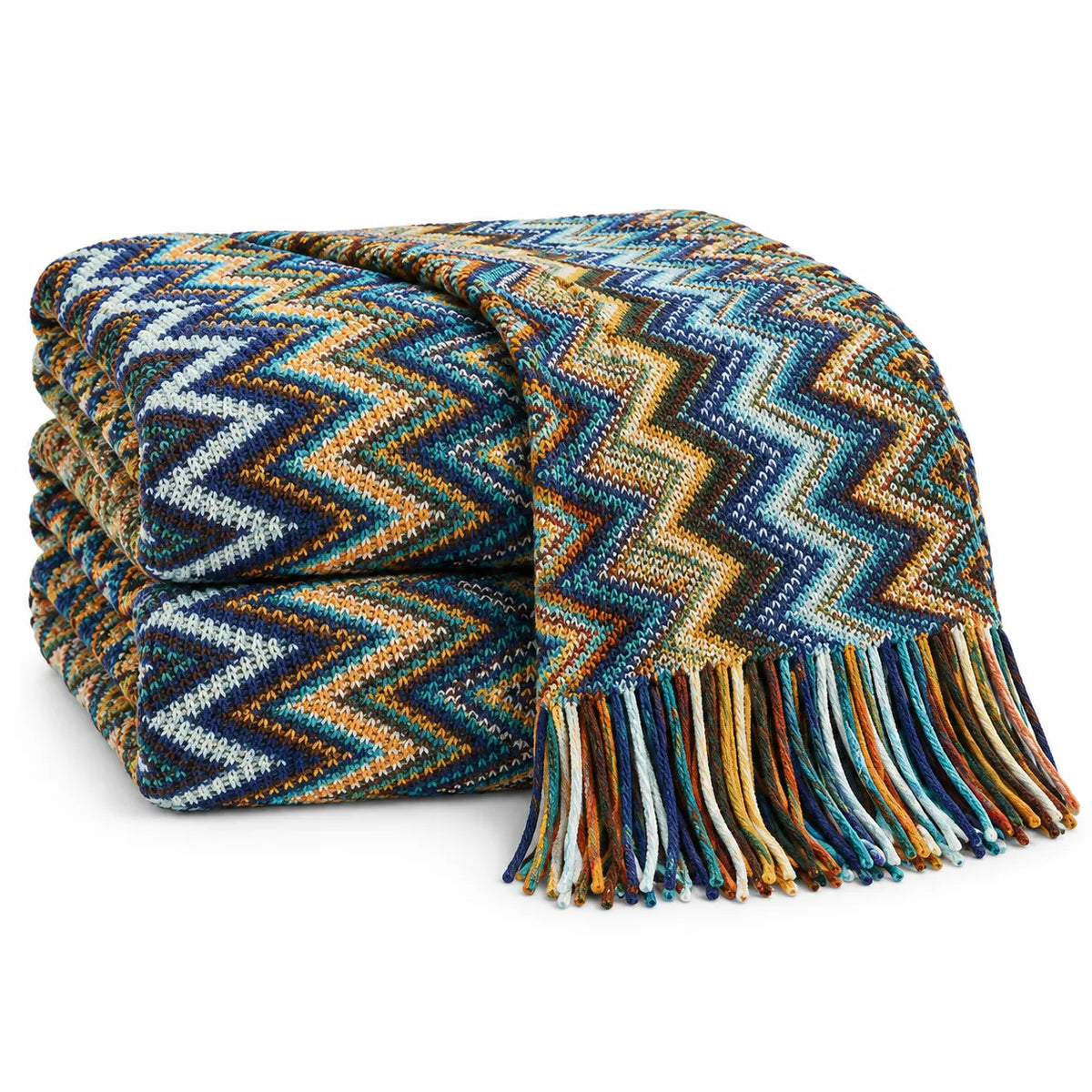 A folded woven throw blanket with a multicolor chevron pattern and fringe, shown on a clean white background.