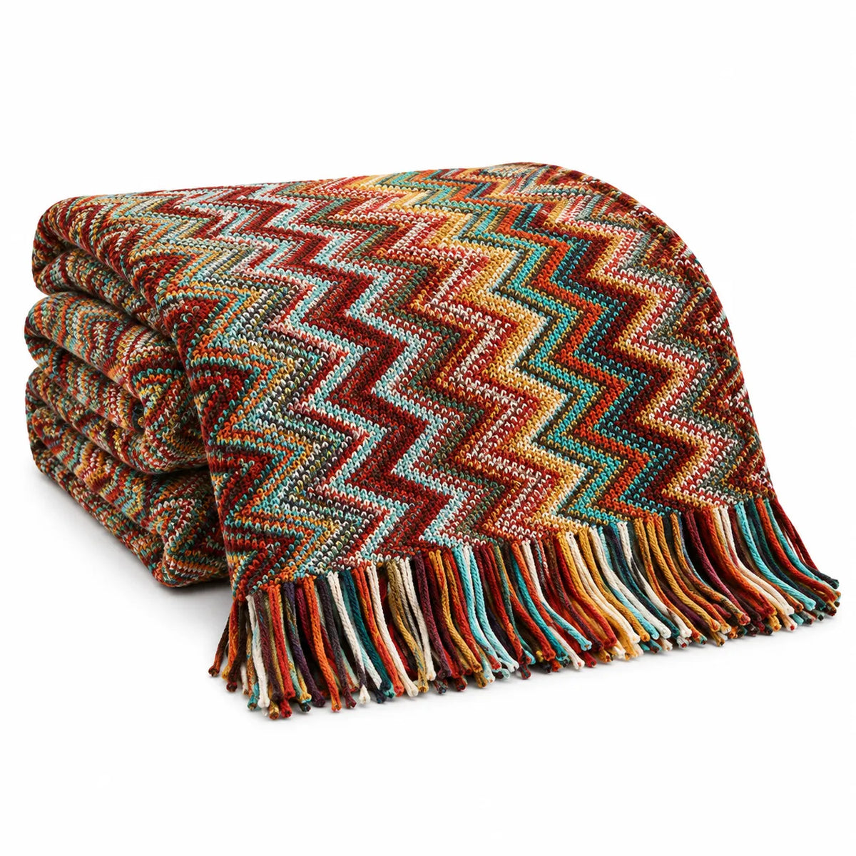 A folded woven throw blanket with a multicolor chevron pattern and fringe, shown on a plain white background.